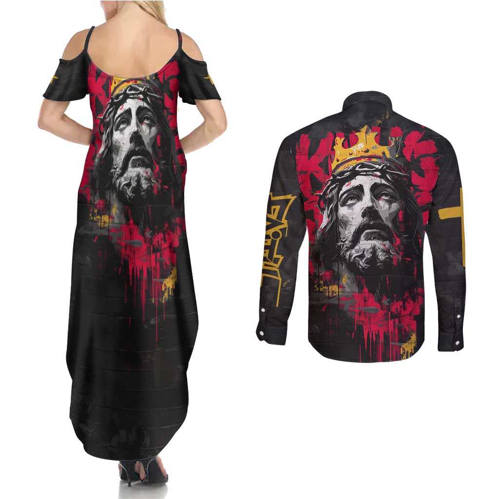 Jesus Graffiti Design Couples Matching Summer Maxi Dress and Long Sleeve Button Shirt Crowned Portrait and Urban Street Art Style in Red Yellow Black Theme - Wonder Print Shop