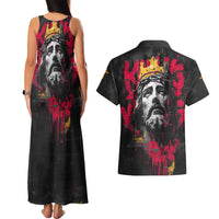 Jesus Graffiti Design Couples Matching Tank Maxi Dress and Hawaiian Shirt Crowned Portrait and Urban Street Art Style in Red Yellow Black Theme - Wonder Print Shop