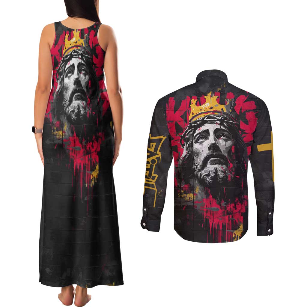Jesus Graffiti Design Couples Matching Tank Maxi Dress and Long Sleeve Button Shirt Crowned Portrait and Urban Street Art Style in Red Yellow Black Theme - Wonder Print Shop