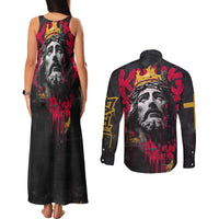 Jesus Graffiti Design Couples Matching Tank Maxi Dress and Long Sleeve Button Shirt Crowned Portrait and Urban Street Art Style in Red Yellow Black Theme - Wonder Print Shop