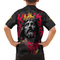 Jesus Graffiti Design Family Matching Long Sleeve Bodycon Dress and Hawaiian Shirt Crowned Portrait and Urban Street Art Style in Red Yellow Black Theme - Wonder Print Shop