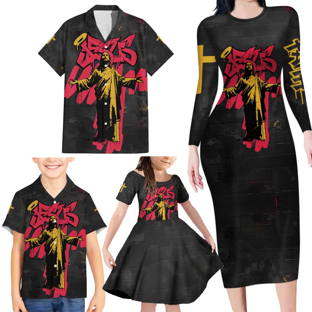 Jesus Graffiti Design Family Matching Long Sleeve Bodycon Dress and Hawaiian Shirt Crowned Portrait and Urban Street Art Style in Red Yellow Black Theme - Wonder Print Shop