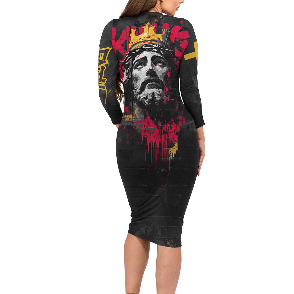 Jesus Graffiti Design Family Matching Long Sleeve Bodycon Dress and Hawaiian Shirt Crowned Portrait and Urban Street Art Style in Red Yellow Black Theme - Wonder Print Shop