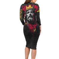Jesus Graffiti Design Family Matching Long Sleeve Bodycon Dress and Hawaiian Shirt Crowned Portrait and Urban Street Art Style in Red Yellow Black Theme - Wonder Print Shop