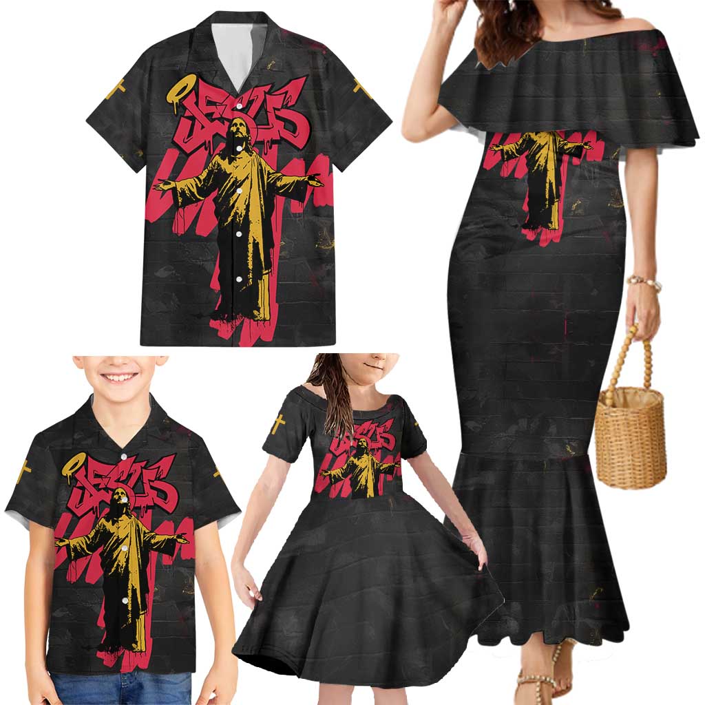 Jesus Graffiti Design Family Matching Mermaid Dress and Hawaiian Shirt Crowned Portrait and Urban Street Art Style in Red Yellow Black Theme - Wonder Print Shop