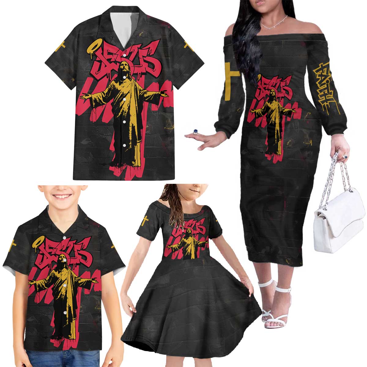 Jesus Graffiti Design Family Matching Off The Shoulder Long Sleeve Dress and Hawaiian Shirt Crowned Portrait and Urban Street Art Style in Red Yellow Black Theme - Wonder Print Shop