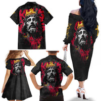 Jesus Graffiti Design Family Matching Off The Shoulder Long Sleeve Dress and Hawaiian Shirt Crowned Portrait and Urban Street Art Style in Red Yellow Black Theme - Wonder Print Shop