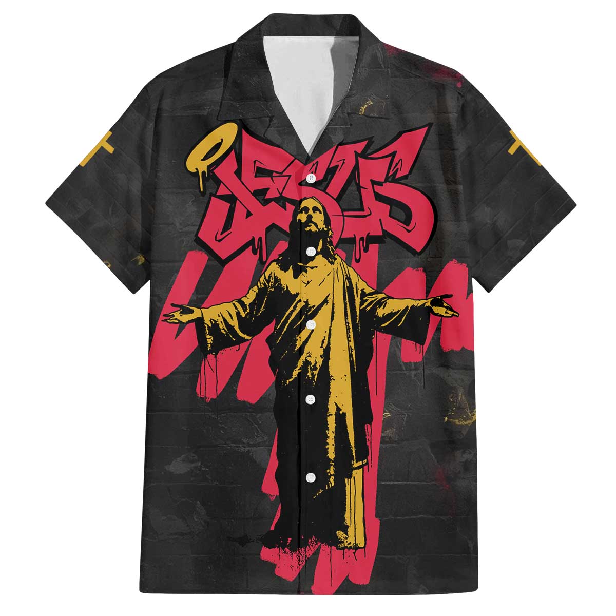 Jesus Graffiti Design Family Matching Off The Shoulder Long Sleeve Dress and Hawaiian Shirt Crowned Portrait and Urban Street Art Style in Red Yellow Black Theme - Wonder Print Shop