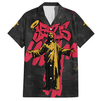 Jesus Graffiti Design Family Matching Off The Shoulder Long Sleeve Dress and Hawaiian Shirt Crowned Portrait and Urban Street Art Style in Red Yellow Black Theme - Wonder Print Shop