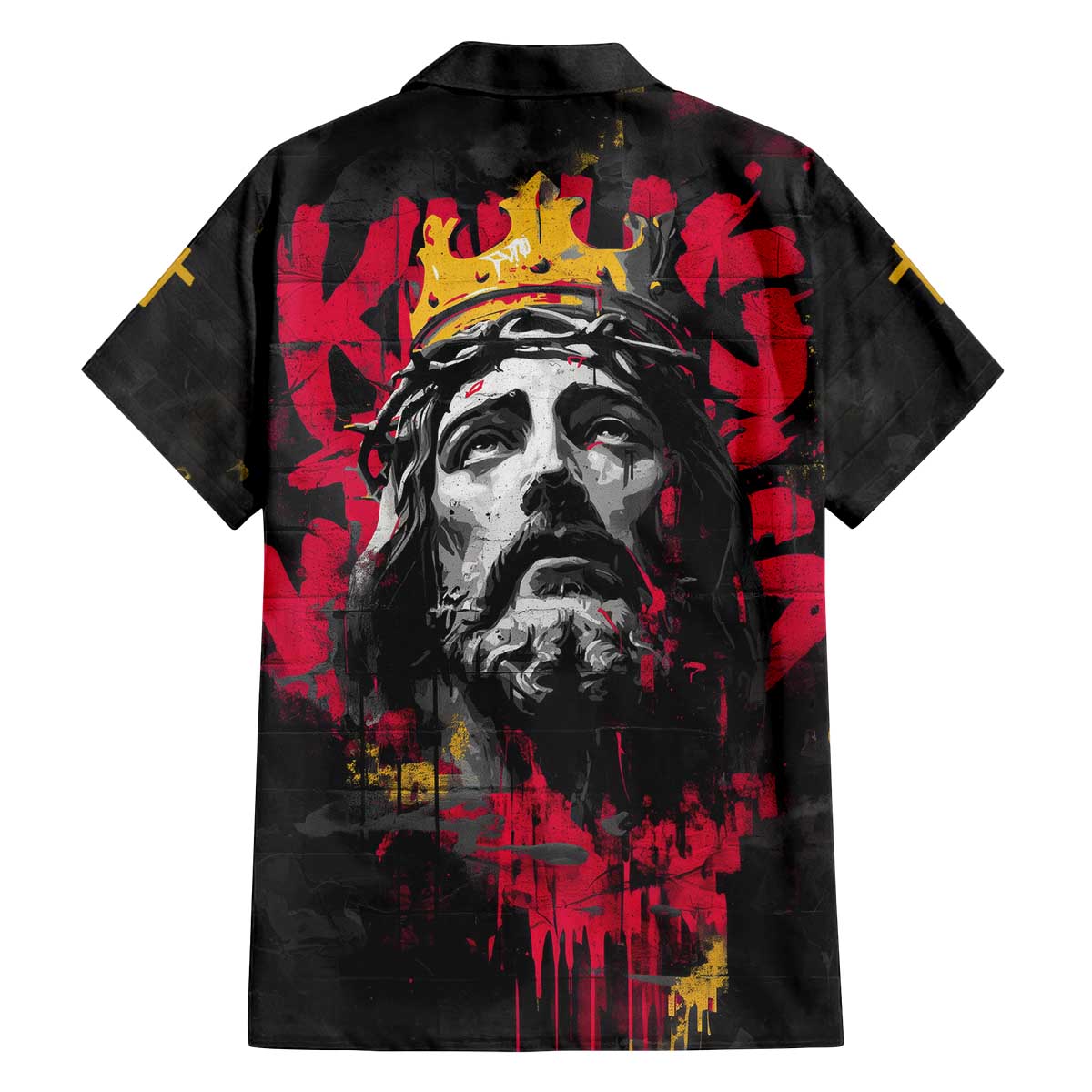 Jesus Graffiti Design Family Matching Off The Shoulder Long Sleeve Dress and Hawaiian Shirt Crowned Portrait and Urban Street Art Style in Red Yellow Black Theme - Wonder Print Shop