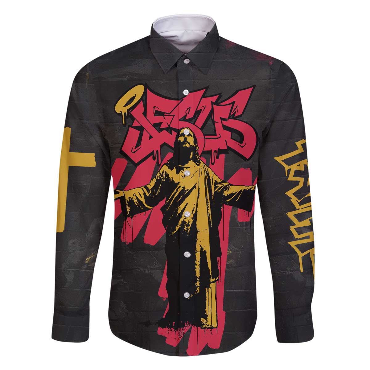 Jesus Graffiti Design Family Matching Off The Shoulder Long Sleeve Dress and Hawaiian Shirt Crowned Portrait and Urban Street Art Style in Red Yellow Black Theme - Wonder Print Shop