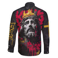 Jesus Graffiti Design Family Matching Off The Shoulder Long Sleeve Dress and Hawaiian Shirt Crowned Portrait and Urban Street Art Style in Red Yellow Black Theme - Wonder Print Shop