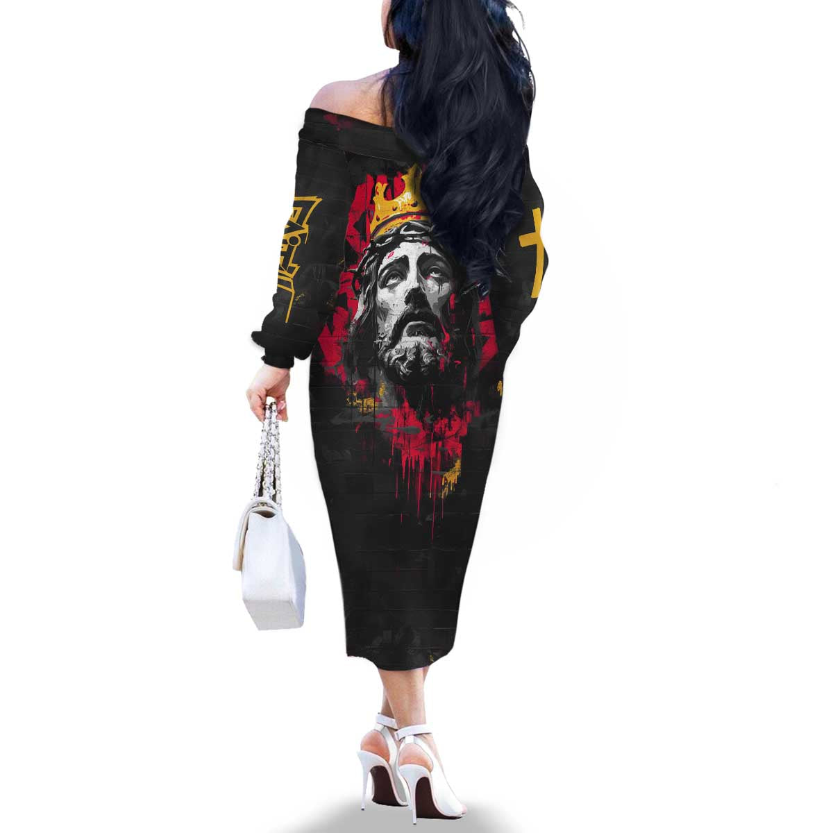 Jesus Graffiti Design Family Matching Off The Shoulder Long Sleeve Dress and Hawaiian Shirt Crowned Portrait and Urban Street Art Style in Red Yellow Black Theme - Wonder Print Shop