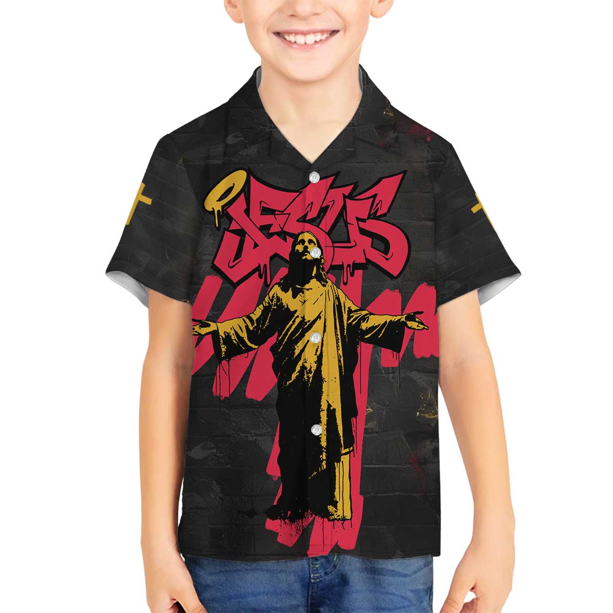 Jesus Graffiti Design Family Matching Off The Shoulder Long Sleeve Dress and Hawaiian Shirt Crowned Portrait and Urban Street Art Style in Red Yellow Black Theme - Wonder Print Shop