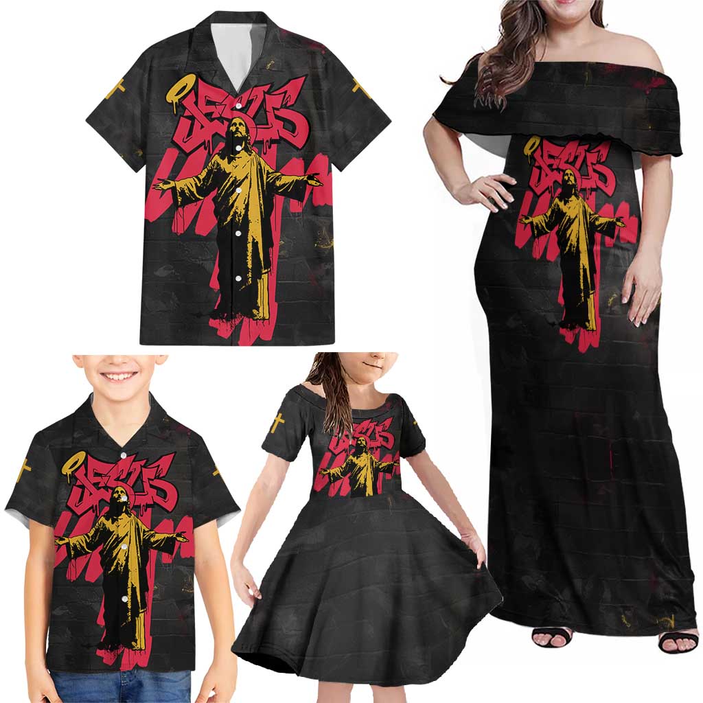 Jesus Graffiti Design Family Matching Off Shoulder Maxi Dress and Hawaiian Shirt Crowned Portrait and Urban Street Art Style in Red Yellow Black Theme - Wonder Print Shop
