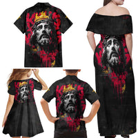 Jesus Graffiti Design Family Matching Off Shoulder Maxi Dress and Hawaiian Shirt Crowned Portrait and Urban Street Art Style in Red Yellow Black Theme - Wonder Print Shop