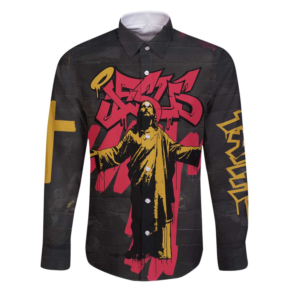 Jesus Graffiti Design Family Matching Off Shoulder Maxi Dress and Hawaiian Shirt Crowned Portrait and Urban Street Art Style in Red Yellow Black Theme - Wonder Print Shop