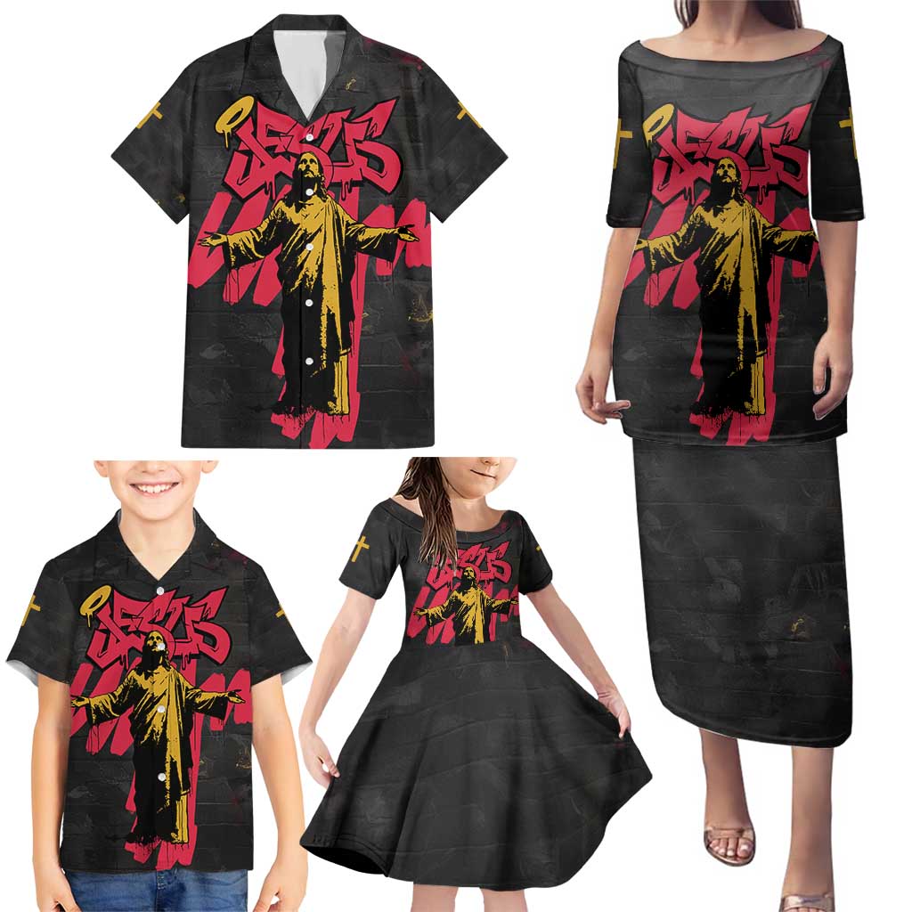 Jesus Graffiti Design Family Matching Puletasi and Hawaiian Shirt Crowned Portrait and Urban Street Art Style in Red Yellow Black Theme - Wonder Print Shop