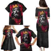 Jesus Graffiti Design Family Matching Puletasi and Hawaiian Shirt Crowned Portrait and Urban Street Art Style in Red Yellow Black Theme - Wonder Print Shop