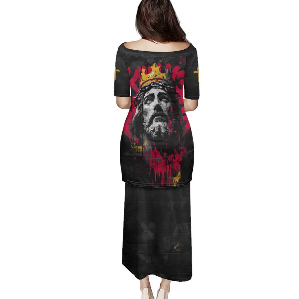 Jesus Graffiti Design Family Matching Puletasi and Hawaiian Shirt Crowned Portrait and Urban Street Art Style in Red Yellow Black Theme - Wonder Print Shop