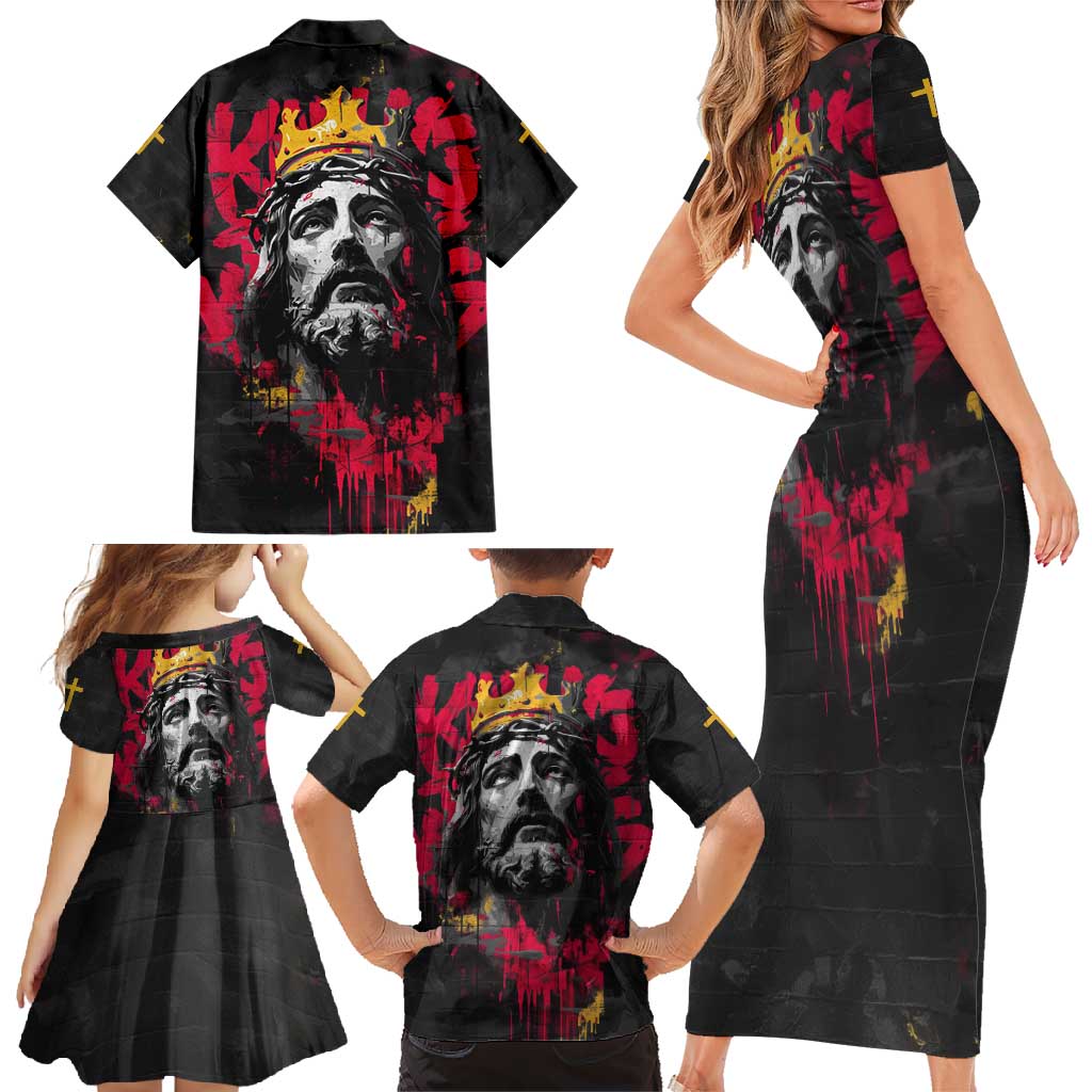 Jesus Graffiti Design Family Matching Short Sleeve Bodycon Dress and Hawaiian Shirt Crowned Portrait and Urban Street Art Style in Red Yellow Black Theme - Wonder Print Shop