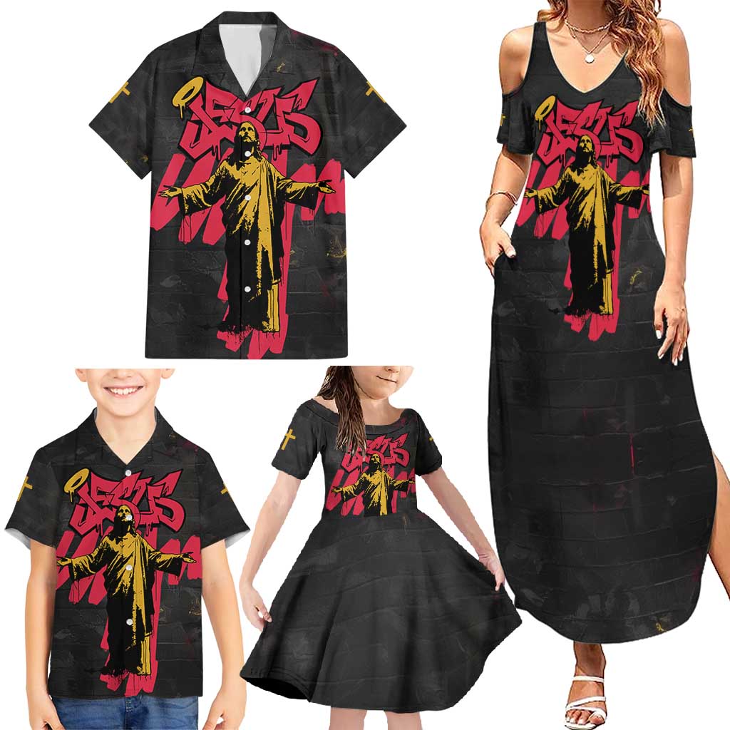 Jesus Graffiti Design Family Matching Summer Maxi Dress and Hawaiian Shirt Crowned Portrait and Urban Street Art Style in Red Yellow Black Theme - Wonder Print Shop