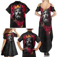 Jesus Graffiti Design Family Matching Summer Maxi Dress and Hawaiian Shirt Crowned Portrait and Urban Street Art Style in Red Yellow Black Theme - Wonder Print Shop