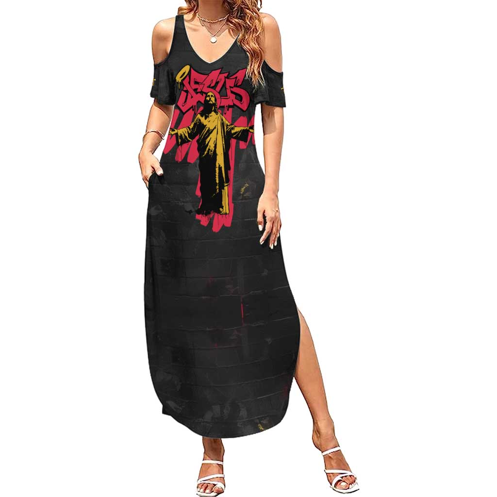 Jesus Graffiti Design Family Matching Summer Maxi Dress and Hawaiian Shirt Crowned Portrait and Urban Street Art Style in Red Yellow Black Theme - Wonder Print Shop