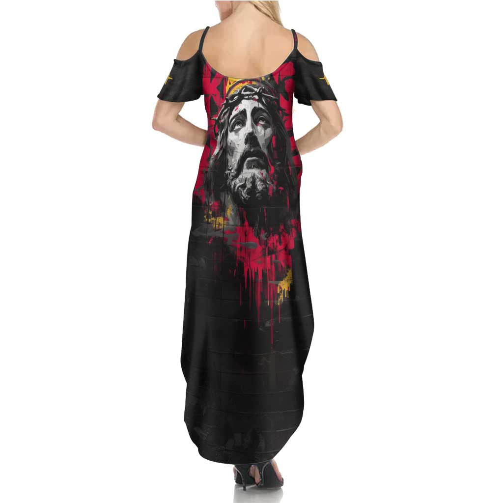 Jesus Graffiti Design Family Matching Summer Maxi Dress and Hawaiian Shirt Crowned Portrait and Urban Street Art Style in Red Yellow Black Theme - Wonder Print Shop