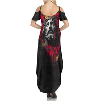 Jesus Graffiti Design Family Matching Summer Maxi Dress and Hawaiian Shirt Crowned Portrait and Urban Street Art Style in Red Yellow Black Theme - Wonder Print Shop