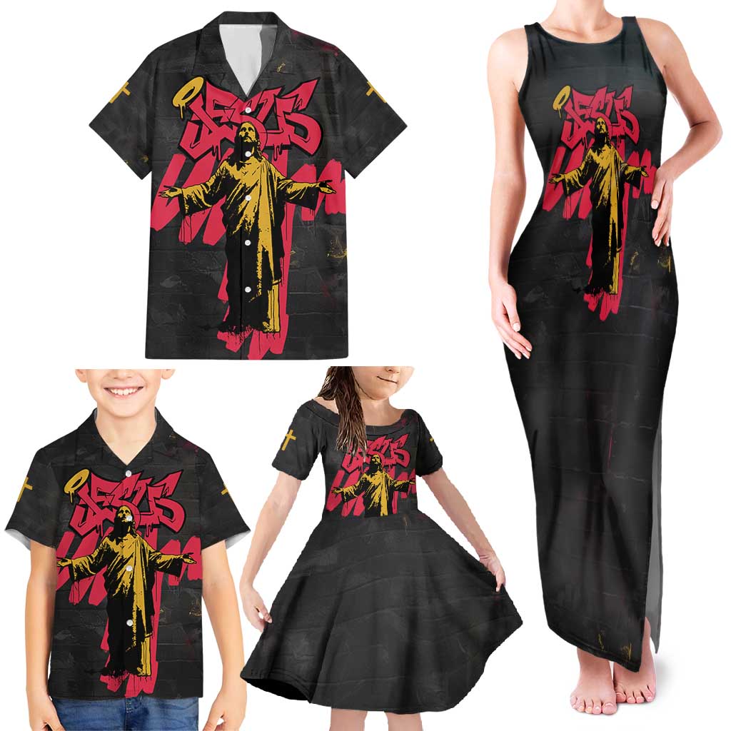 Jesus Graffiti Design Family Matching Tank Maxi Dress and Hawaiian Shirt Crowned Portrait and Urban Street Art Style in Red Yellow Black Theme - Wonder Print Shop