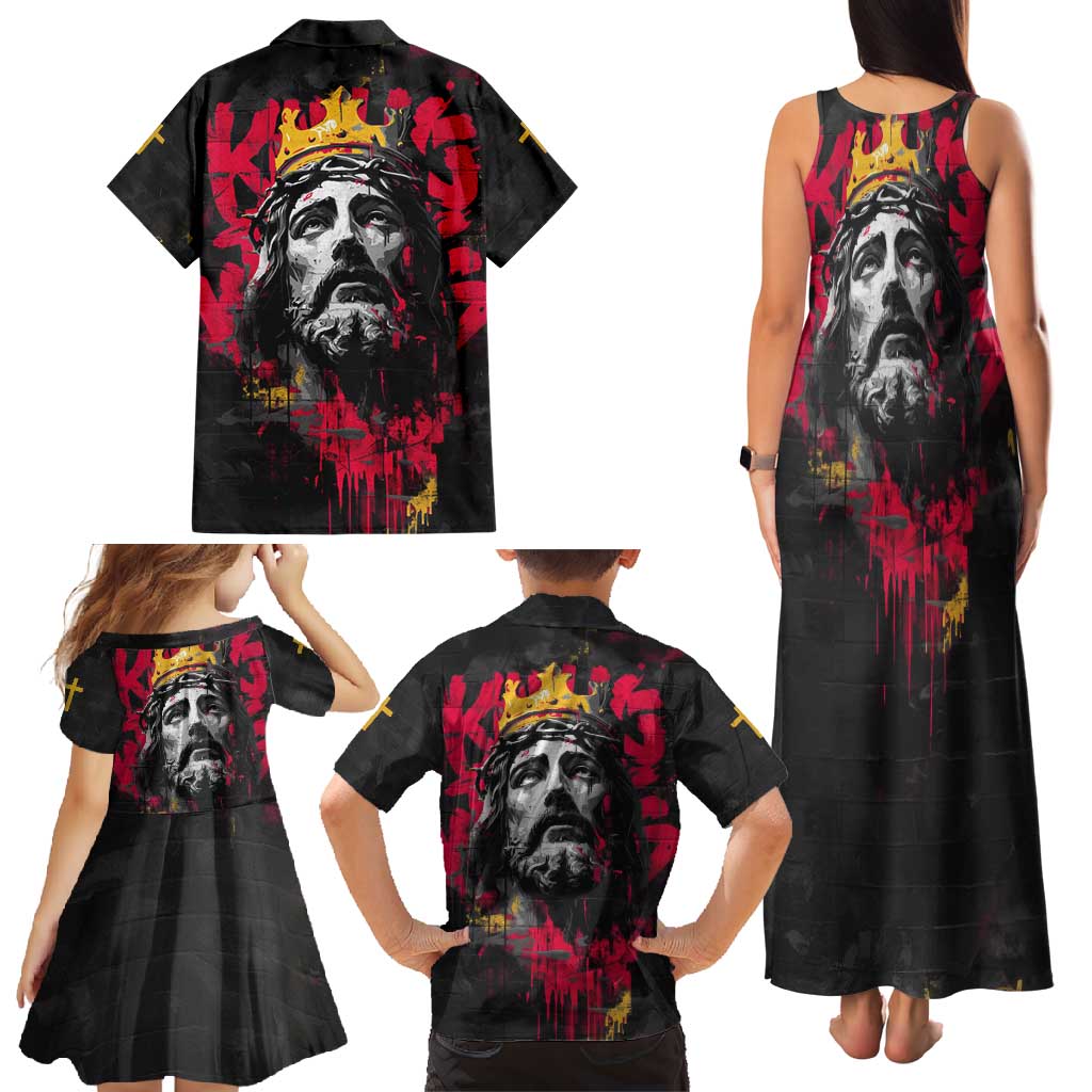 Jesus Graffiti Design Family Matching Tank Maxi Dress and Hawaiian Shirt Crowned Portrait and Urban Street Art Style in Red Yellow Black Theme - Wonder Print Shop