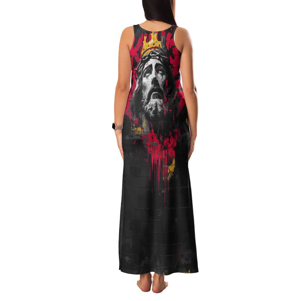 Jesus Graffiti Design Family Matching Tank Maxi Dress and Hawaiian Shirt Crowned Portrait and Urban Street Art Style in Red Yellow Black Theme - Wonder Print Shop