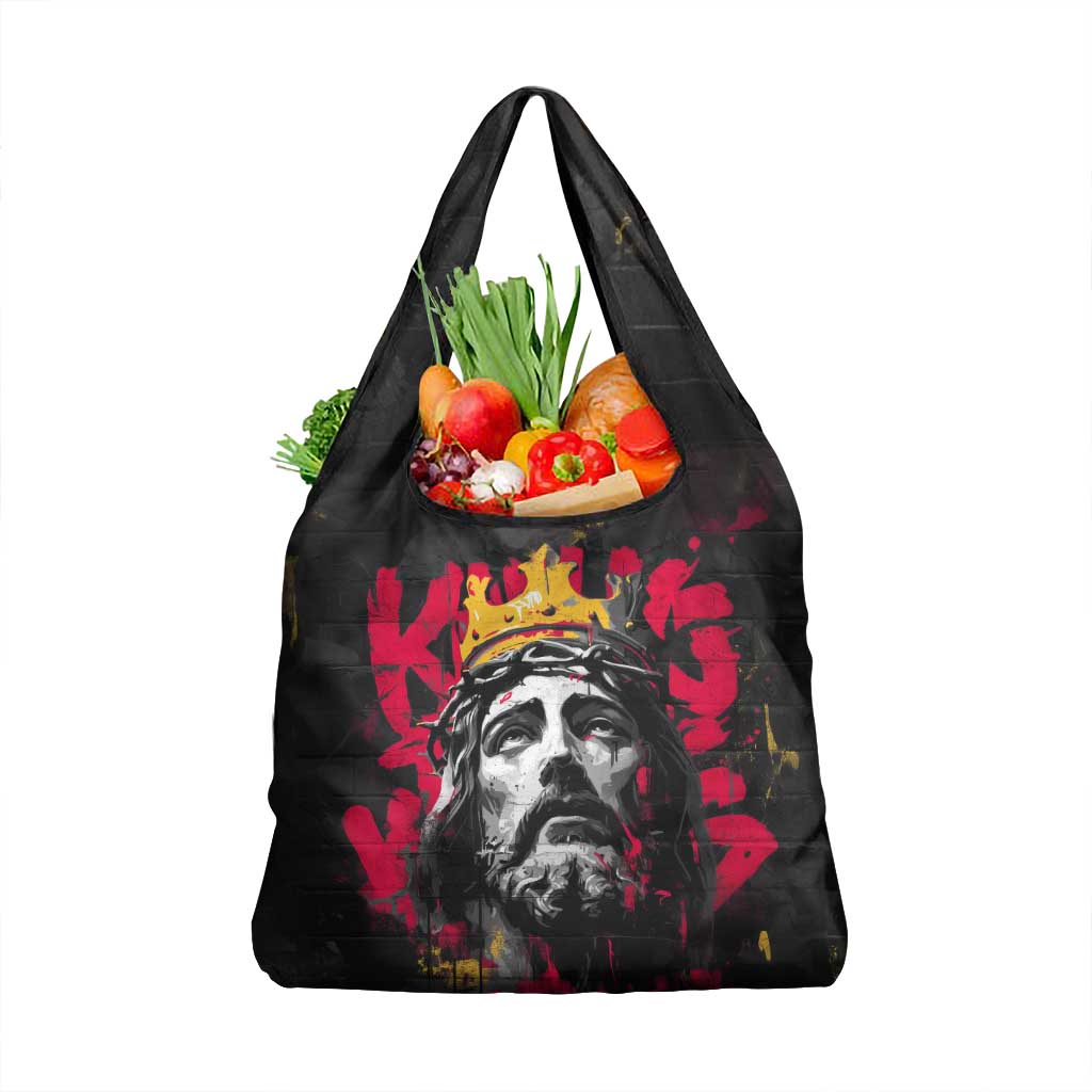 Jesus Graffiti Design Grocery Bag Crowned Portrait and Urban Street Art Style in Red Yellow Black Theme - Wonder Print Shop