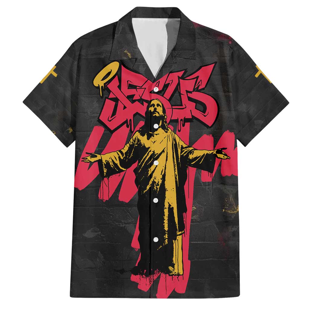 Jesus Graffiti Design Hawaiian Shirt Crowned Portrait and Urban Street Art Style in Red Yellow Black Theme - Wonder Print Shop