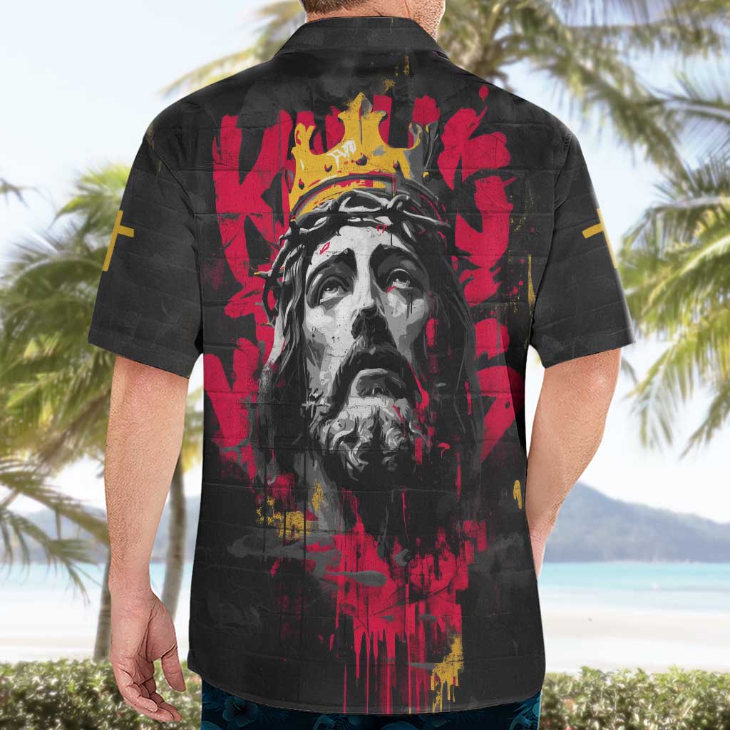 Jesus Graffiti Design Hawaiian Shirt Crowned Portrait and Urban Street Art Style in Red Yellow Black Theme - Wonder Print Shop