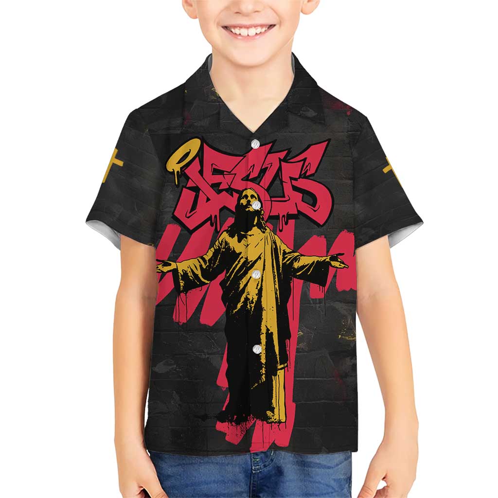 Jesus Graffiti Design Hawaiian Shirt Crowned Portrait and Urban Street Art Style in Red Yellow Black Theme - Wonder Print Shop