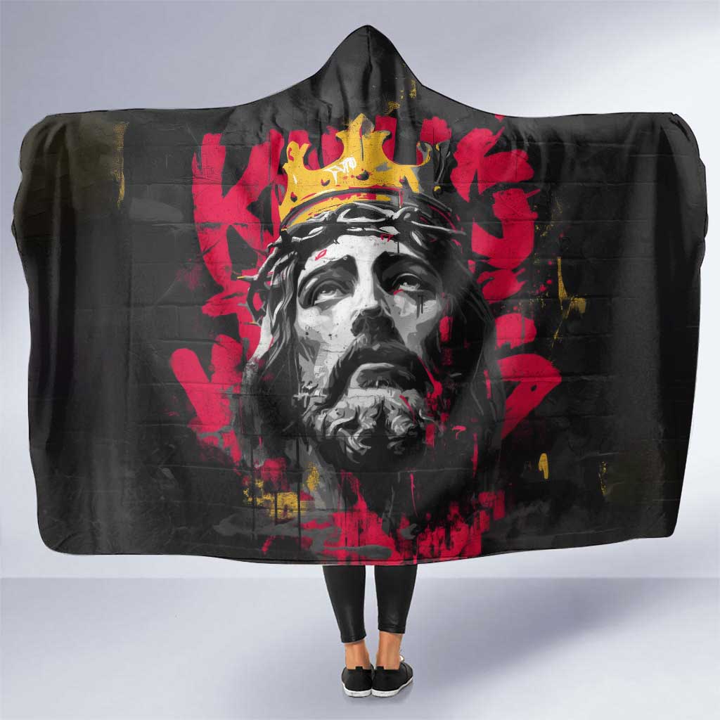 Jesus Graffiti Design Hooded Blanket Crowned Portrait and Urban Street Art Style in Red Yellow Black Theme - Wonder Print Shop