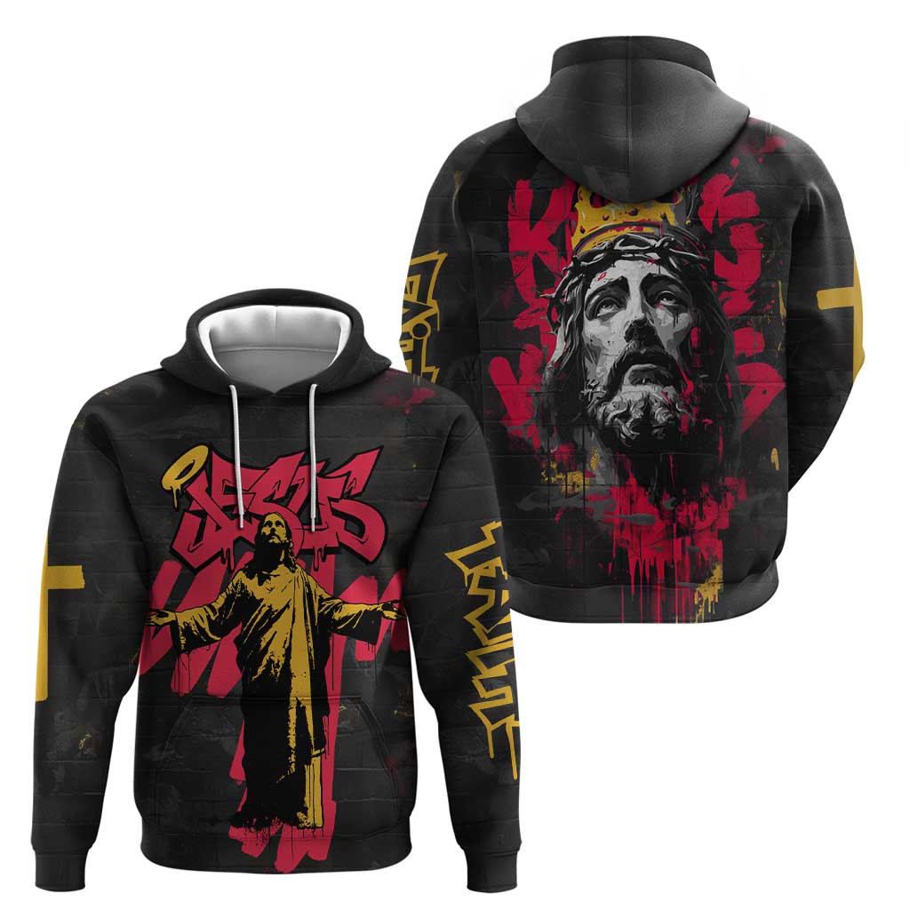 Jesus Graffiti Design Hoodie Crowned Portrait and Urban Street Art Style in Red Yellow Black Theme - Wonder Print Shop
