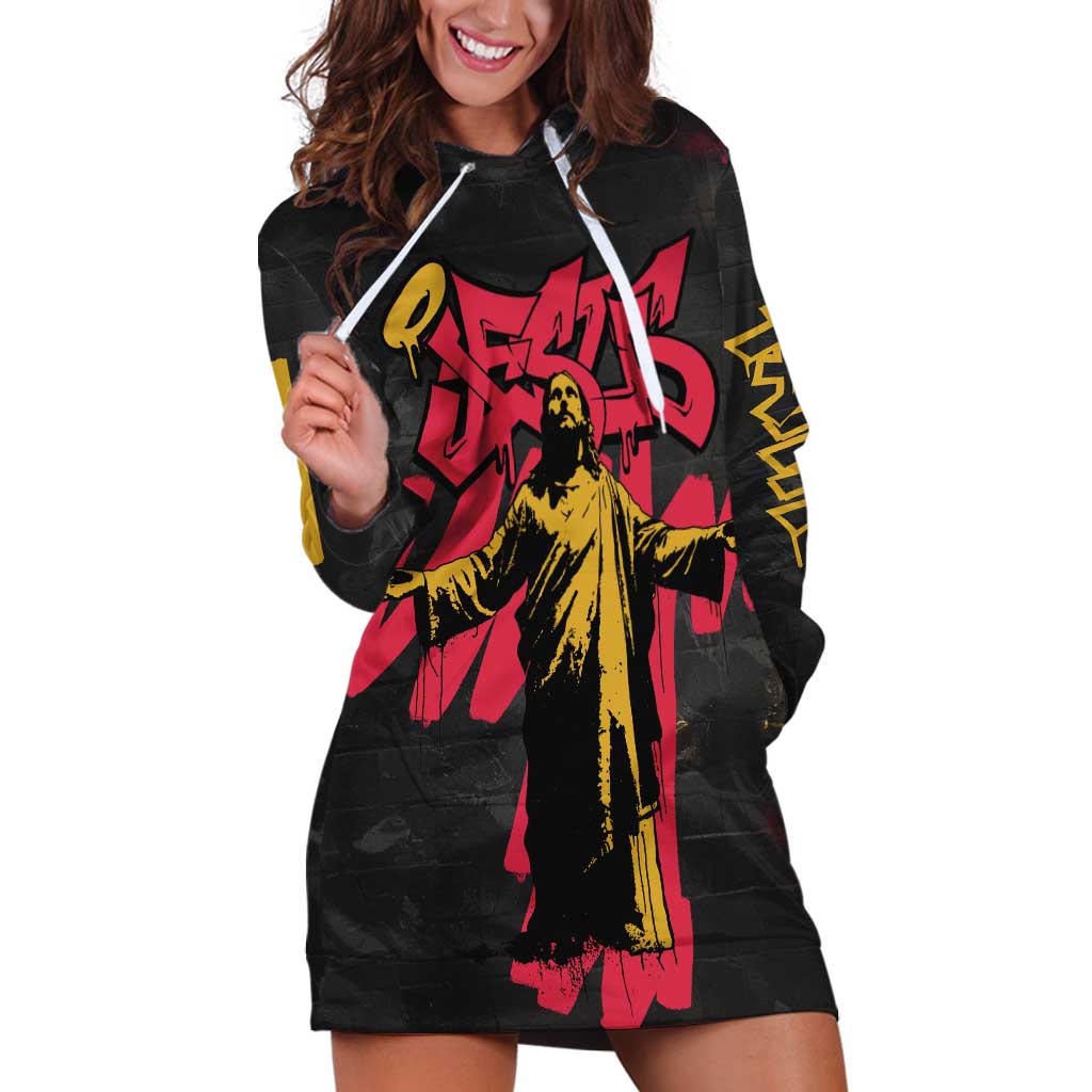 Jesus Graffiti Design Hoodie Dress Crowned Portrait and Urban Street Art Style in Red Yellow Black Theme - Wonder Print Shop