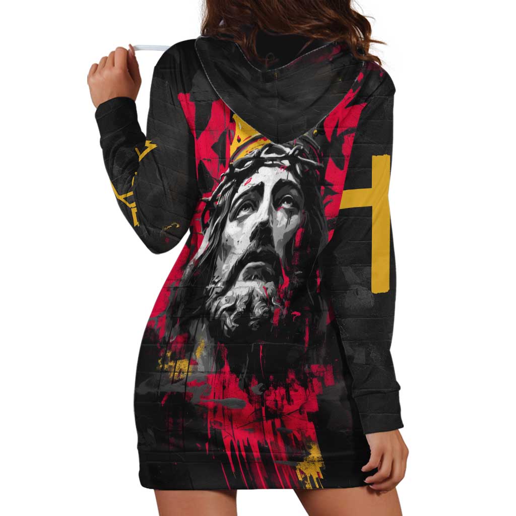 Jesus Graffiti Design Hoodie Dress Crowned Portrait and Urban Street Art Style in Red Yellow Black Theme - Wonder Print Shop