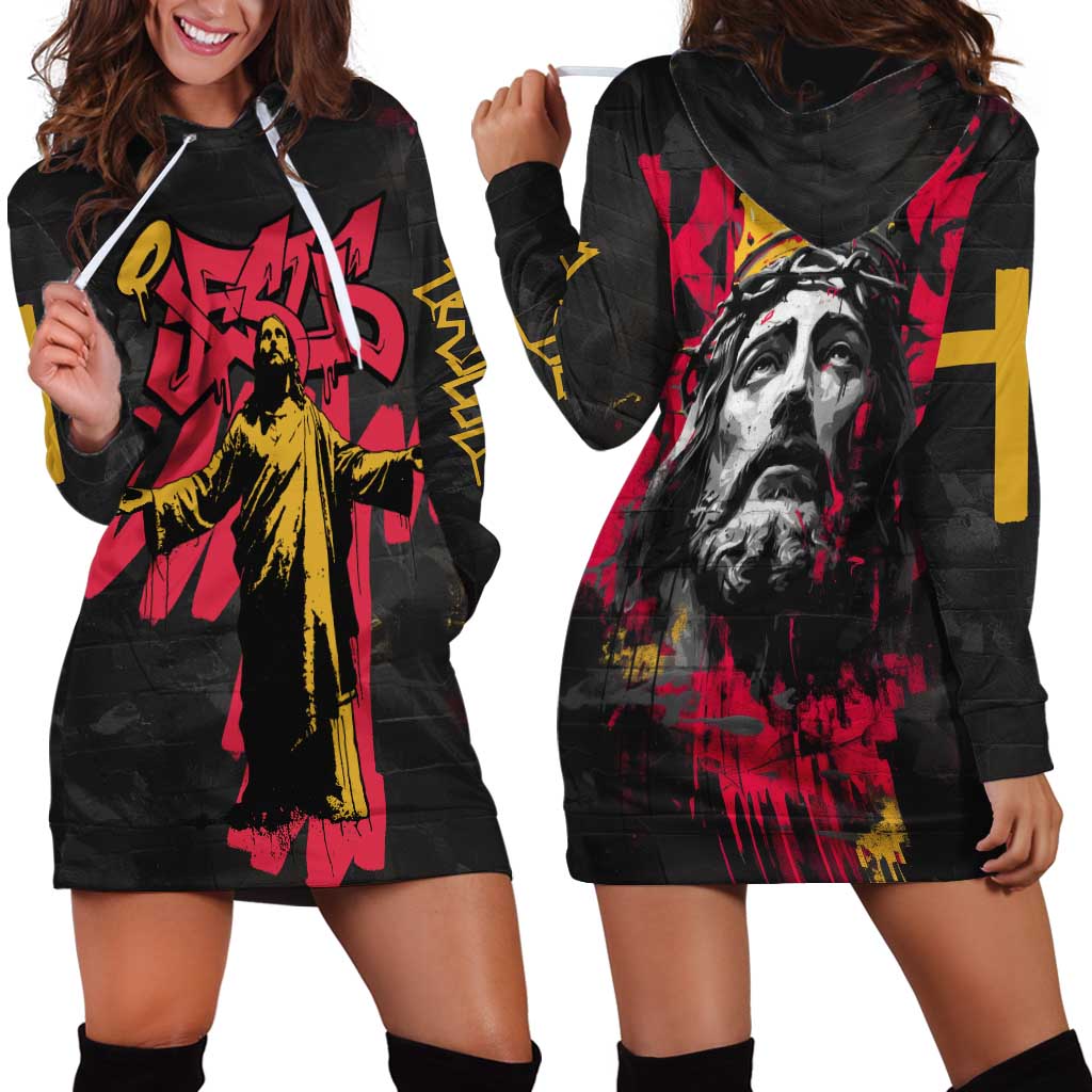 Jesus Graffiti Design Hoodie Dress Crowned Portrait and Urban Street Art Style in Red Yellow Black Theme - Wonder Print Shop