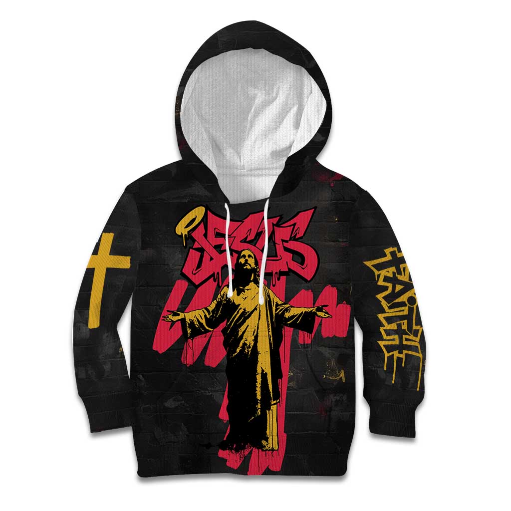 Jesus Graffiti Design Kid Hoodie Crowned Portrait and Urban Street Art Style in Red Yellow Black Theme - Wonder Print Shop