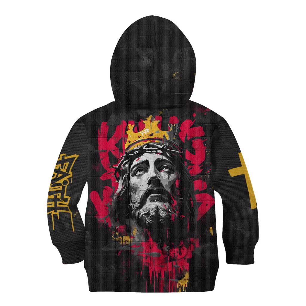 Jesus Graffiti Design Kid Hoodie Crowned Portrait and Urban Street Art Style in Red Yellow Black Theme - Wonder Print Shop
