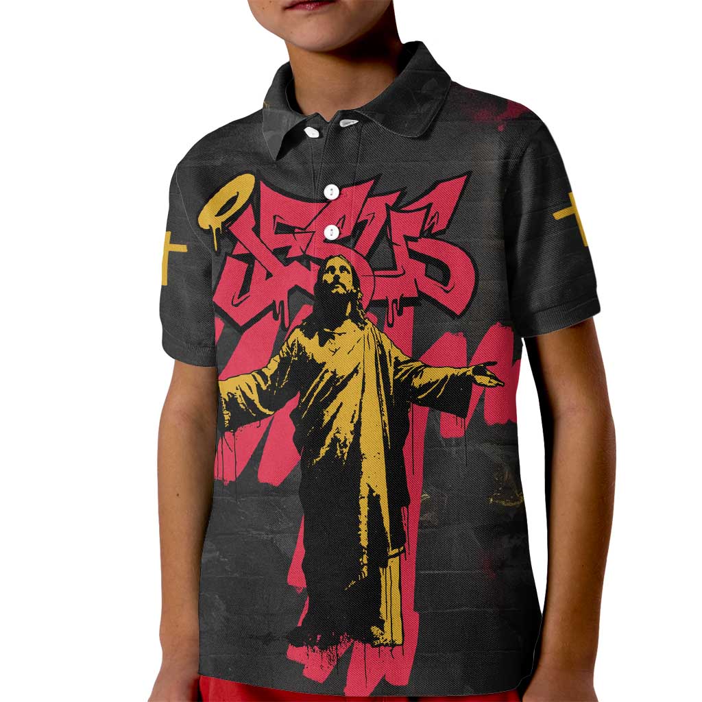 Jesus Graffiti Design Kid Polo Shirt Crowned Portrait and Urban Street Art Style in Red Yellow Black Theme - Wonder Print Shop