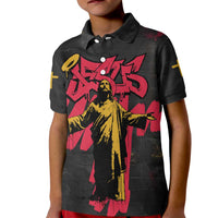 Jesus Graffiti Design Kid Polo Shirt Crowned Portrait and Urban Street Art Style in Red Yellow Black Theme - Wonder Print Shop