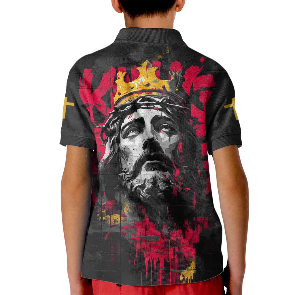 Jesus Graffiti Design Kid Polo Shirt Crowned Portrait and Urban Street Art Style in Red Yellow Black Theme - Wonder Print Shop