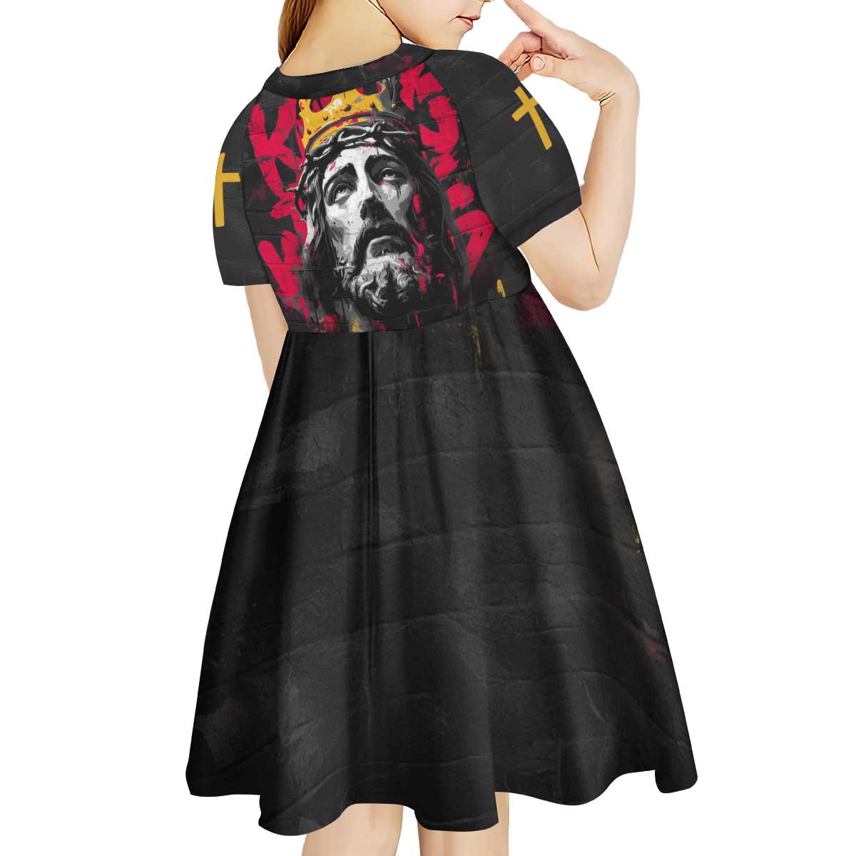 Jesus Graffiti Design Kid Short Sleeve Dress Crowned Portrait and Urban Street Art Style in Red Yellow Black Theme - Wonder Print Shop
