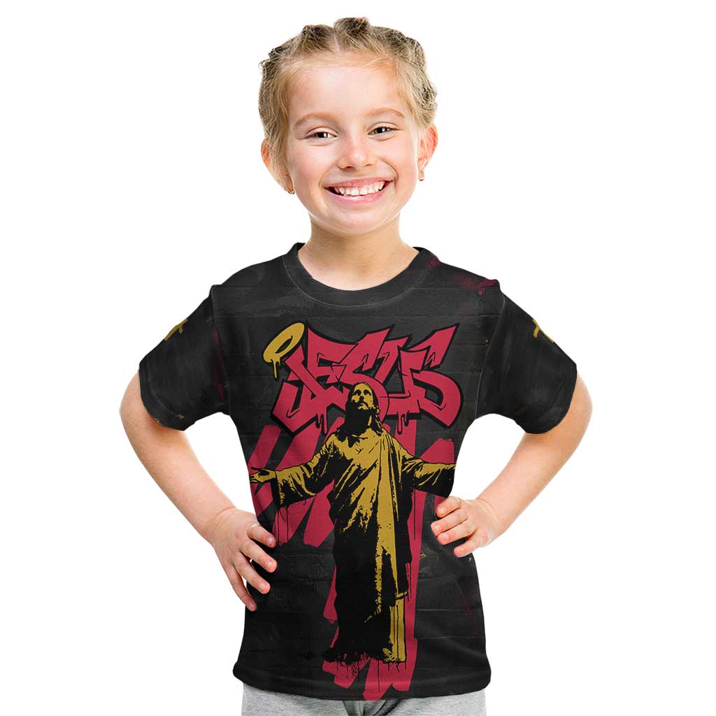 Jesus Graffiti Design Kid T Shirt Crowned Portrait and Urban Street Art Style in Red Yellow Black Theme - Wonder Print Shop