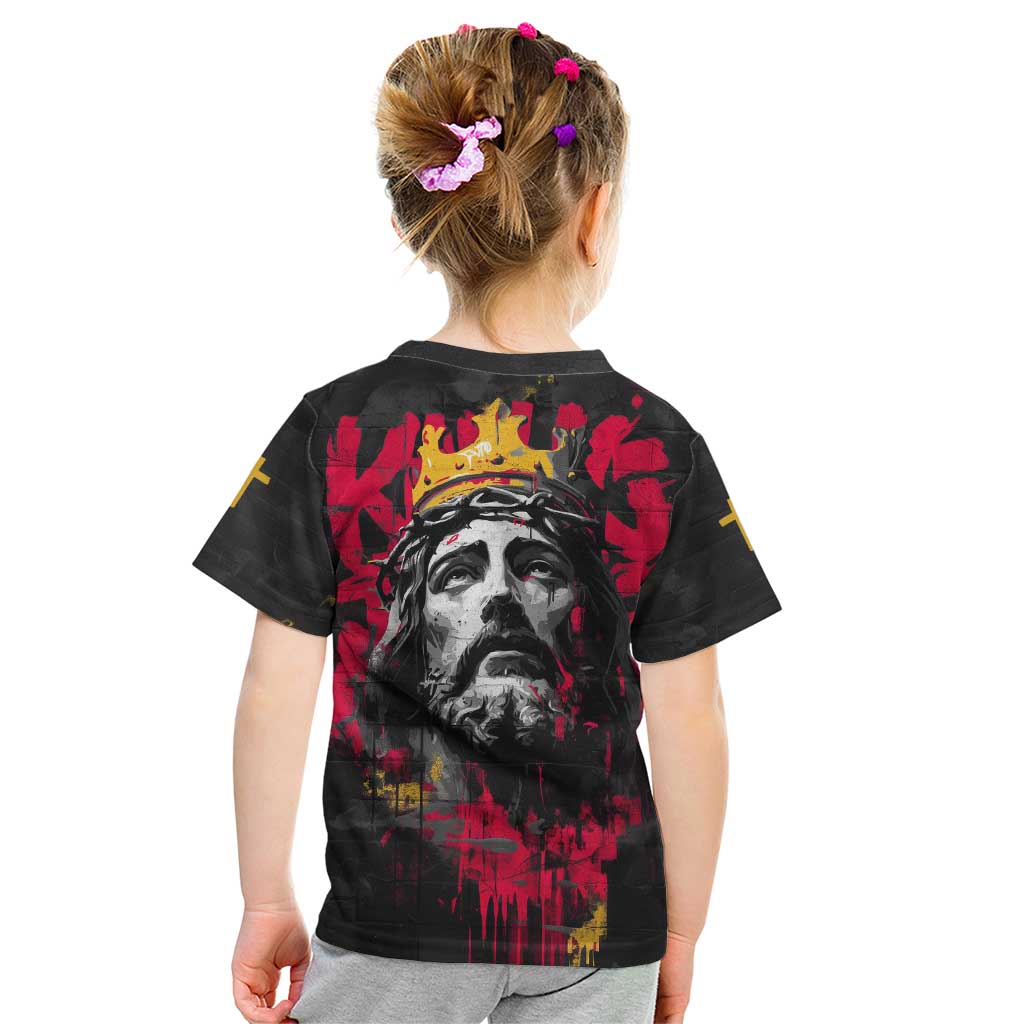 Jesus Graffiti Design Kid T Shirt Crowned Portrait and Urban Street Art Style in Red Yellow Black Theme - Wonder Print Shop
